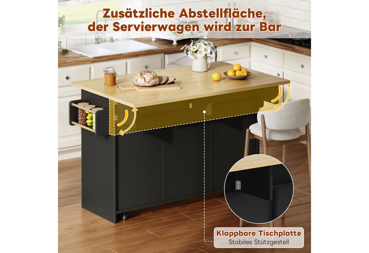 i@home Kücheninsel Mobile Küchenwagen, (Schubladen klappbar Vertikalschubladen Gewürzregal), mit Rollen Arbeitsplatte freistehend, Esszimmer Küche Bild 3