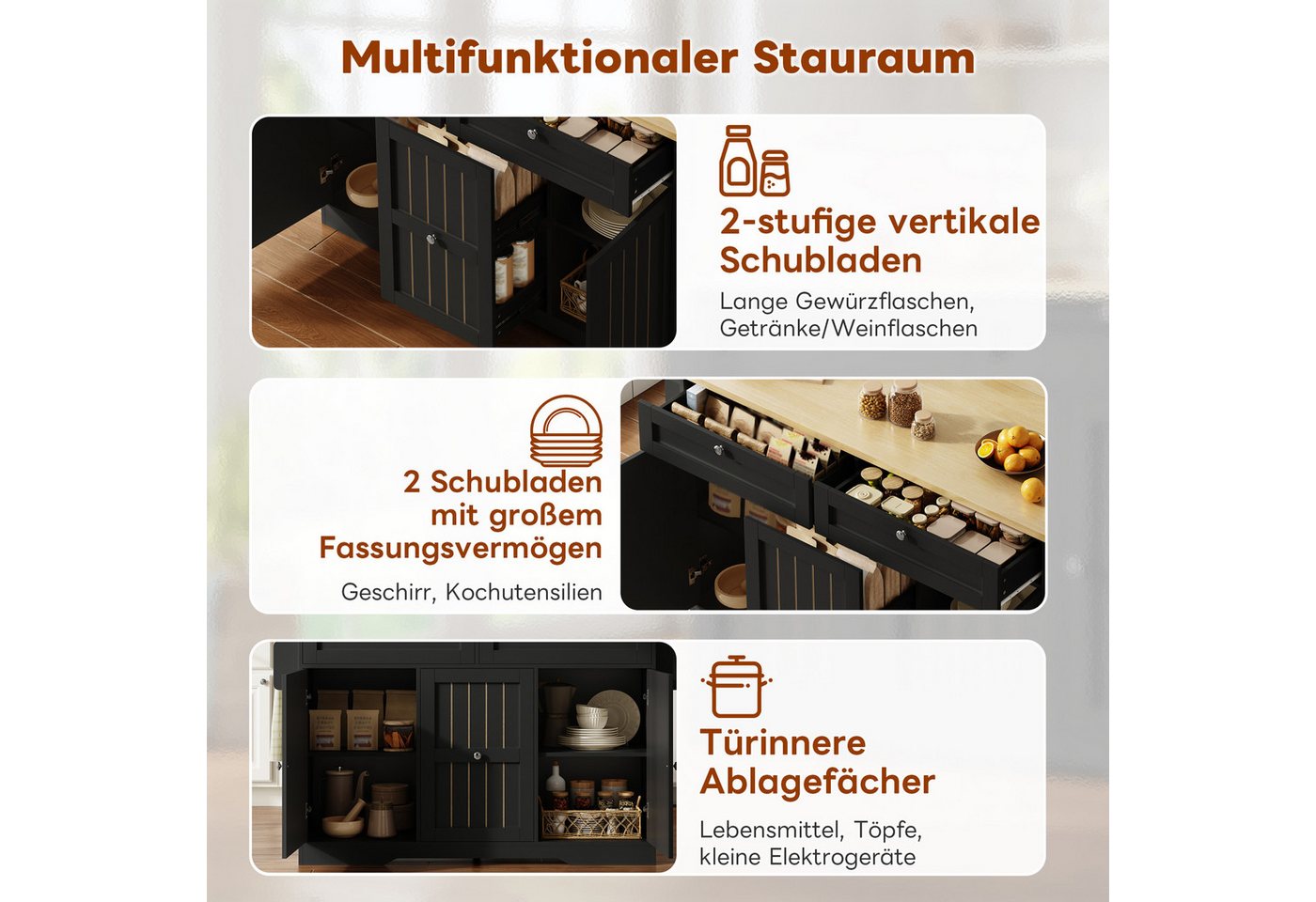 i@home Kücheninsel Mobile Küchenwagen, (Schubladen klappbar Vertikalschubladen Gewürzregal), mit Rollen Arbeitsplatte freistehend, Esszimmer Küche Bild 4