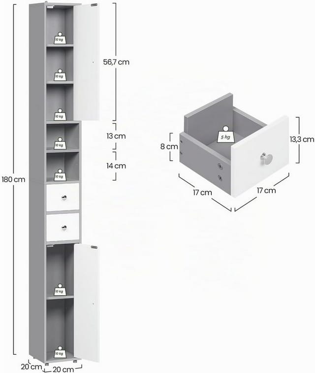 EUGAD Hochschrank (1-St) Badezimmerschrank schmal hoch 20 x 20 x 180 cm