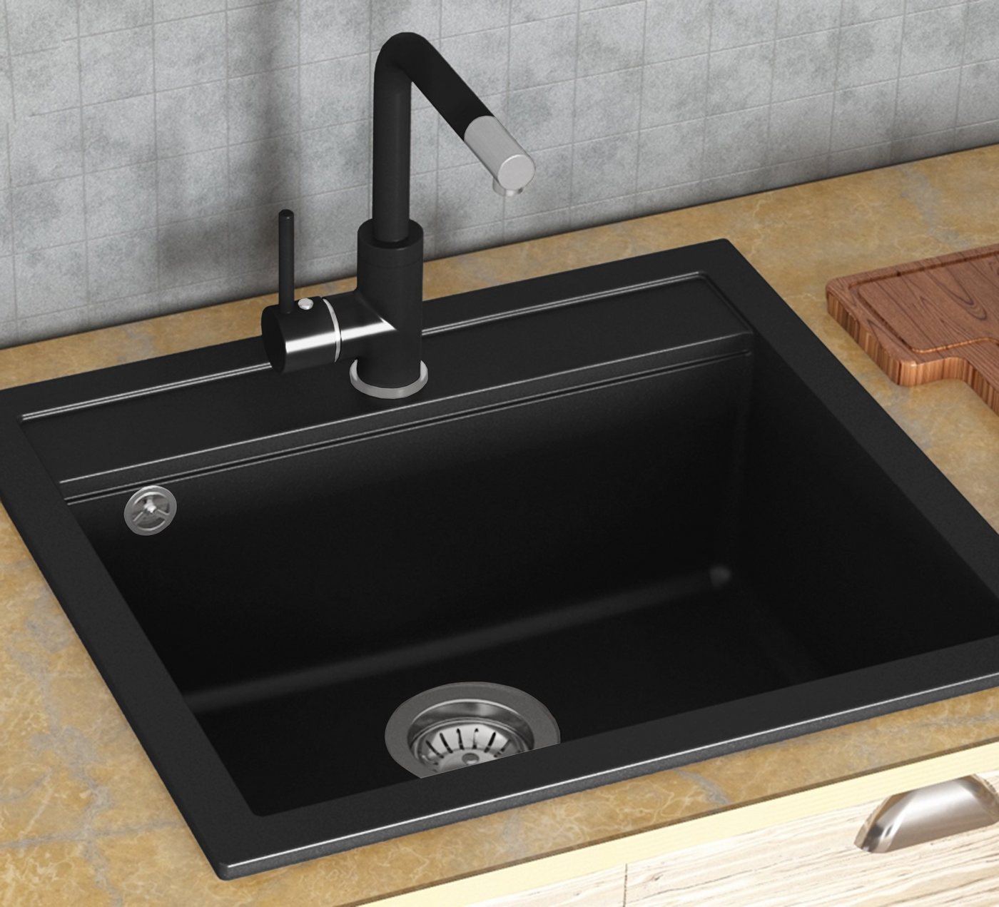 GURARI Granitspüle SQT 100-601 W, 49/51 cm, (1 St), Küchenspüle, Einbau Granitspüle Schwarz, inkl. Siphon, 49x51 Bild 4