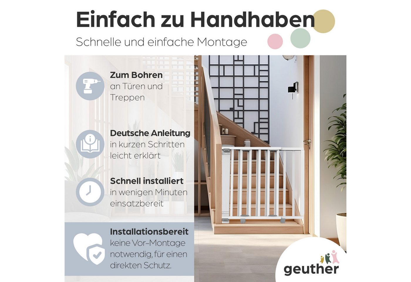 Geuther Türschutzgitter Oris zum Bohren 58-133 cm Weiß, Barrierefreier Durchgang - für Erwachsene leicht zu öffnen