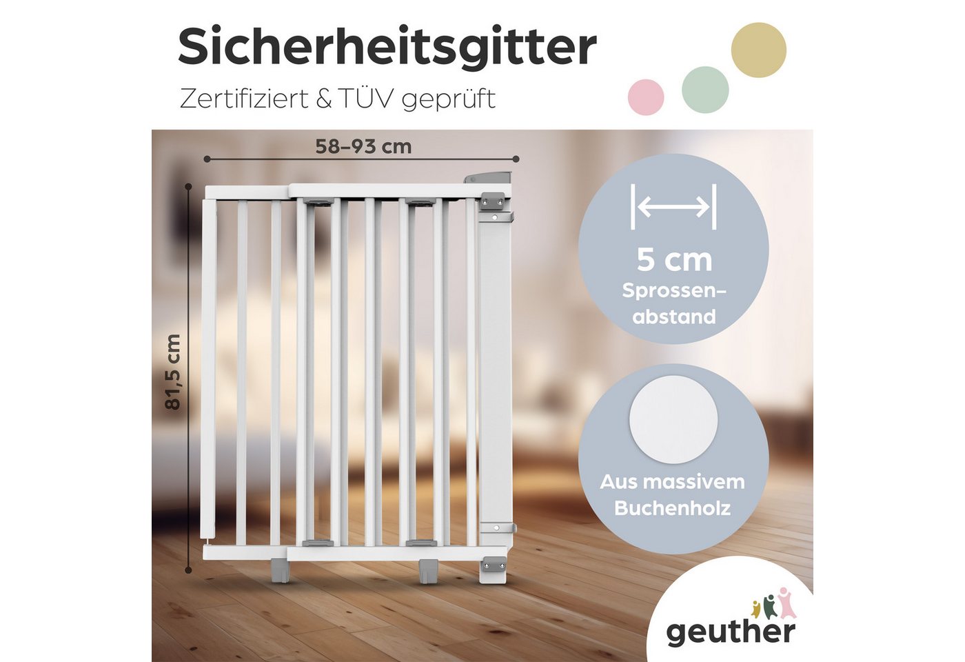 Geuther Türschutzgitter Oris zum Bohren 58-133 cm Weiß, Barrierefreier Durchgang - für Erwachsene leicht zu öffnen Bild 5