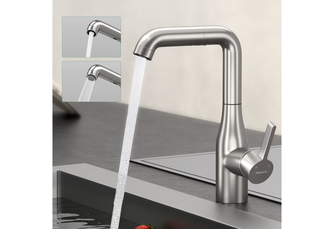 Mai & Mai Küchenarmatur Spültischarmatur 360° schwenkbar ausziehbar aus 304-Edelstahl Turnix04 Wasserhahn Küche mit Brause, 2 Strahlarten Bild 2