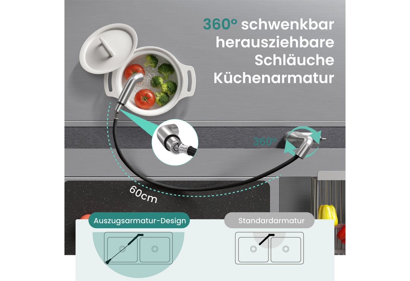 Mai & Mai Küchenarmatur Spültischarmatur 360° schwenkbar ausziehbar aus 304-Edelstahl Turnix04 Wasserhahn Küche mit Brause, 2 Strahlarten Bild 4
