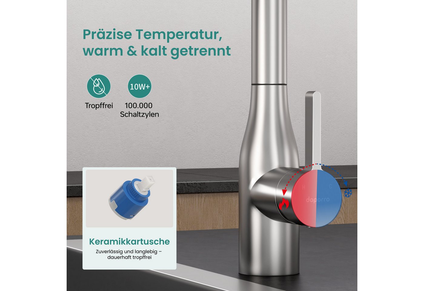 Mai & Mai Küchenarmatur Spültischarmatur 360° schwenkbar ausziehbar aus 304-Edelstahl Turnix04 Wasserhahn Küche mit Brause, 2 Strahlarten Bild 5
