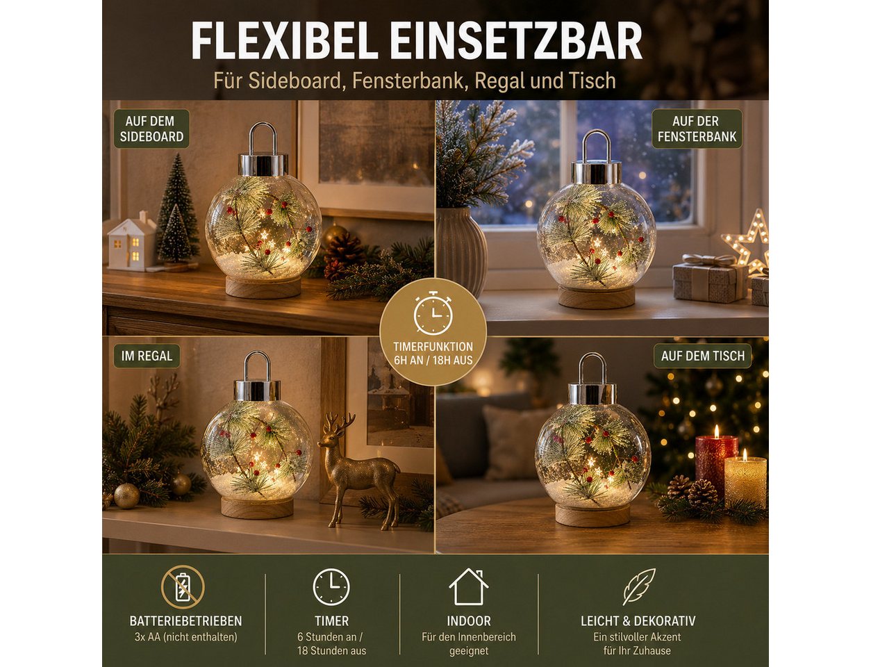 formano LED Dekolicht LED Glaskugel Tannenzweige 18 cm Holzsockel Timer Weihnachtsdeko, LED fest integriert