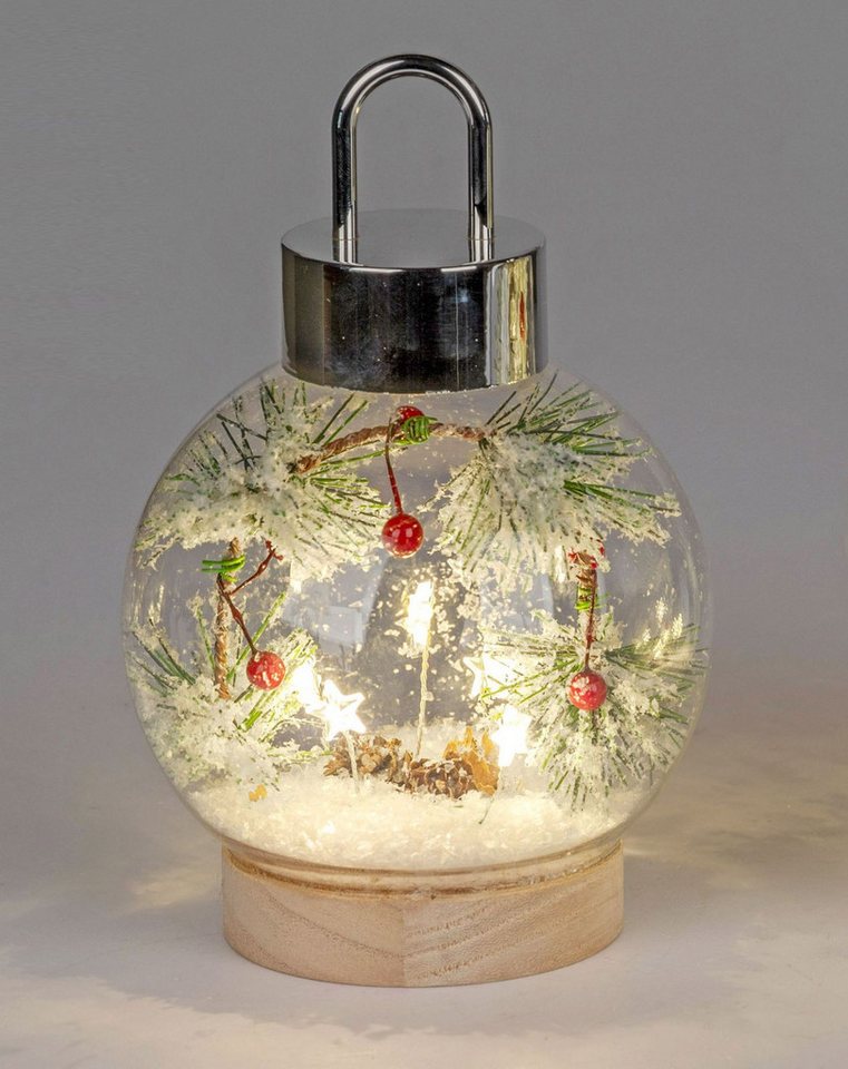formano LED Dekolicht LED Glaskugel Tannenzweige 18 cm Holzsockel Timer Weihnachtsdeko, LED fest integriert Bild 2