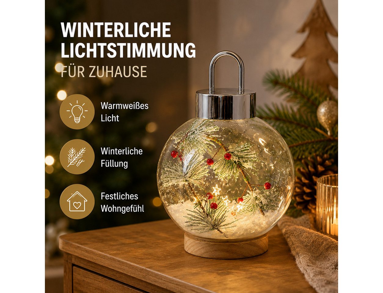 formano LED Dekolicht LED Glaskugel Tannenzweige 18 cm Holzsockel Timer Weihnachtsdeko, LED fest integriert Bild 3