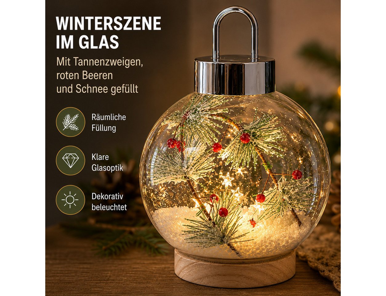 formano LED Dekolicht LED Glaskugel Tannenzweige 18 cm Holzsockel Timer Weihnachtsdeko, LED fest integriert Bild 4