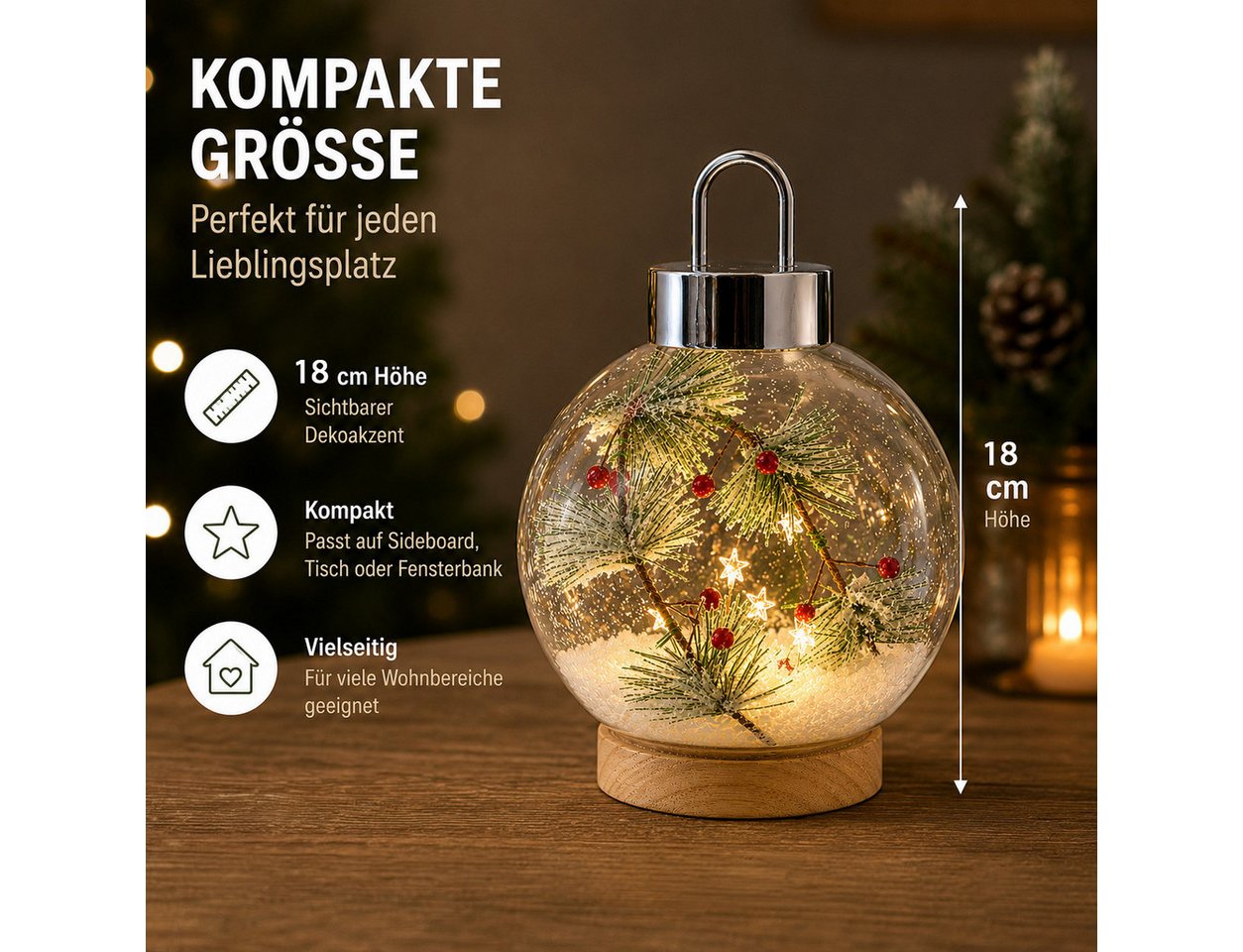 formano LED Dekolicht LED Glaskugel Tannenzweige 18 cm Holzsockel Timer Weihnachtsdeko, LED fest integriert Bild 5