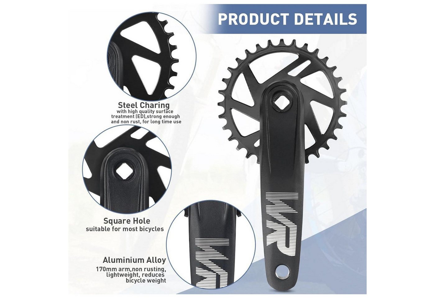 LuxusKollektion Fahrradkurbel Kurbelgarnitur 170mm 34T 36T 38T SingleSpeed MTB BMX Rennrad 32T