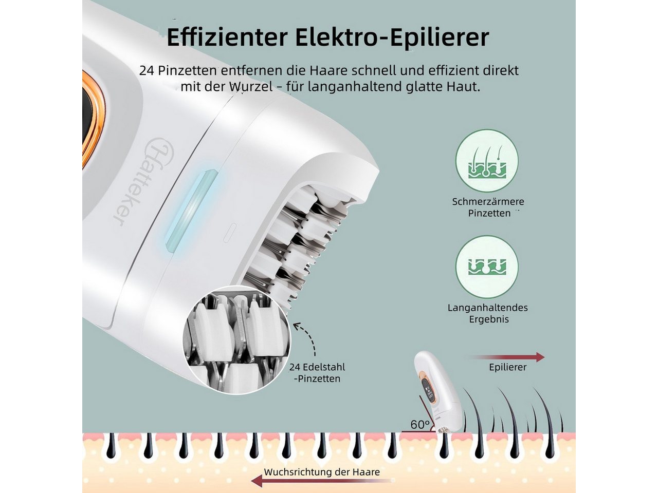 HATTEKER Epilierer HT-582, Aufsätze: 1 St., Damenrasierer, mit 24-Pinzetten 2-in-1 Weiß Bild 4
