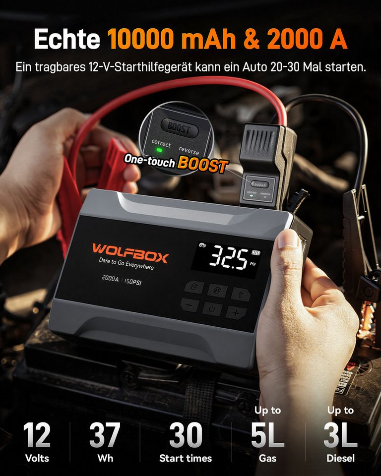 WOLFBOX 2000A Starthilfe mit 160 PSI Luftkompressor Starthilfegerät 10 mAh (12 V, 1 St), 37 Wh/10.000 mAh, LED