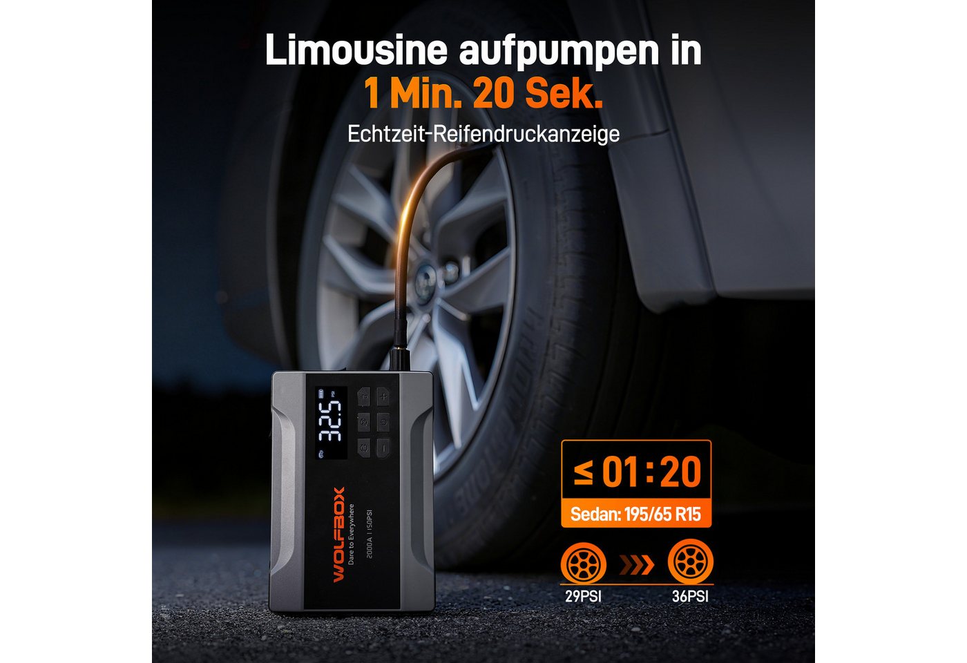 WOLFBOX 2000A Starthilfe mit 160 PSI Luftkompressor Starthilfegerät 10 mAh (12 V, 1 St), 37 Wh/10.000 mAh, LED Bild 2