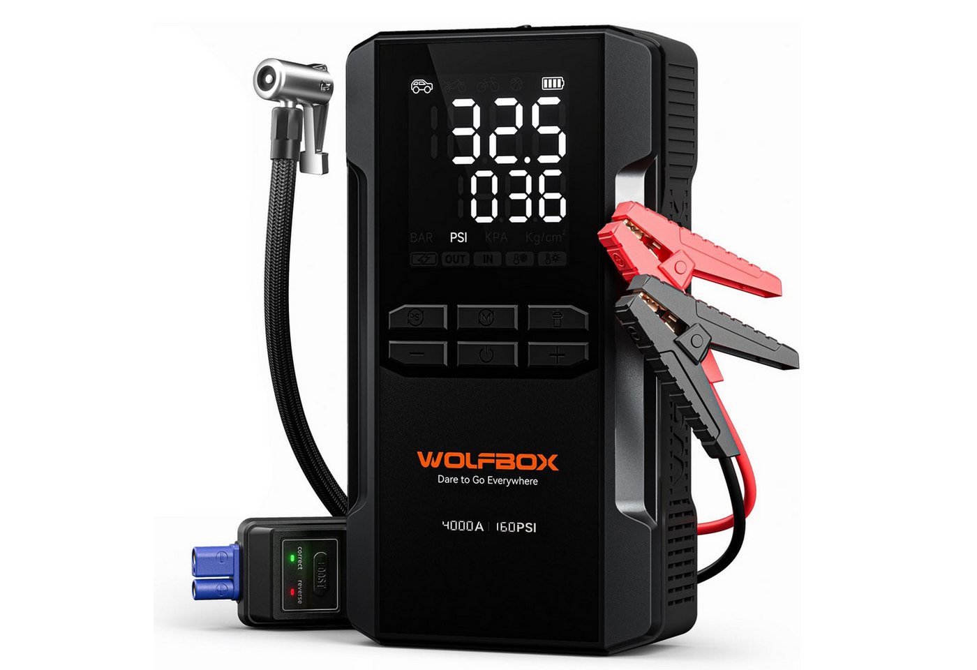 WOLFBOX WOLFBOX 4000A Starthilfe mit 160 PSI Kompressor Starthilfegerät (12 V, 1 St), 12 V Batterie-Booster, 10L Benzin/10L Diesel