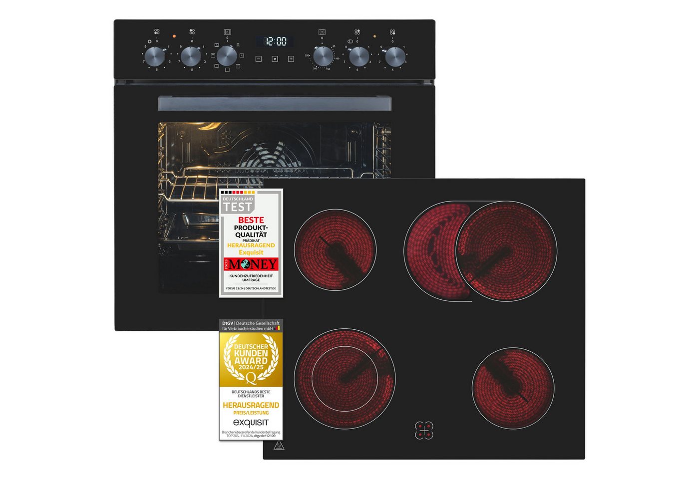 exquisit Backofen-Set EHE258-UBZ-020-Set schwarz, Vielseitiger Grill und 4-Zonen-Glaskeramikkochfeld – einfach & sicher!
