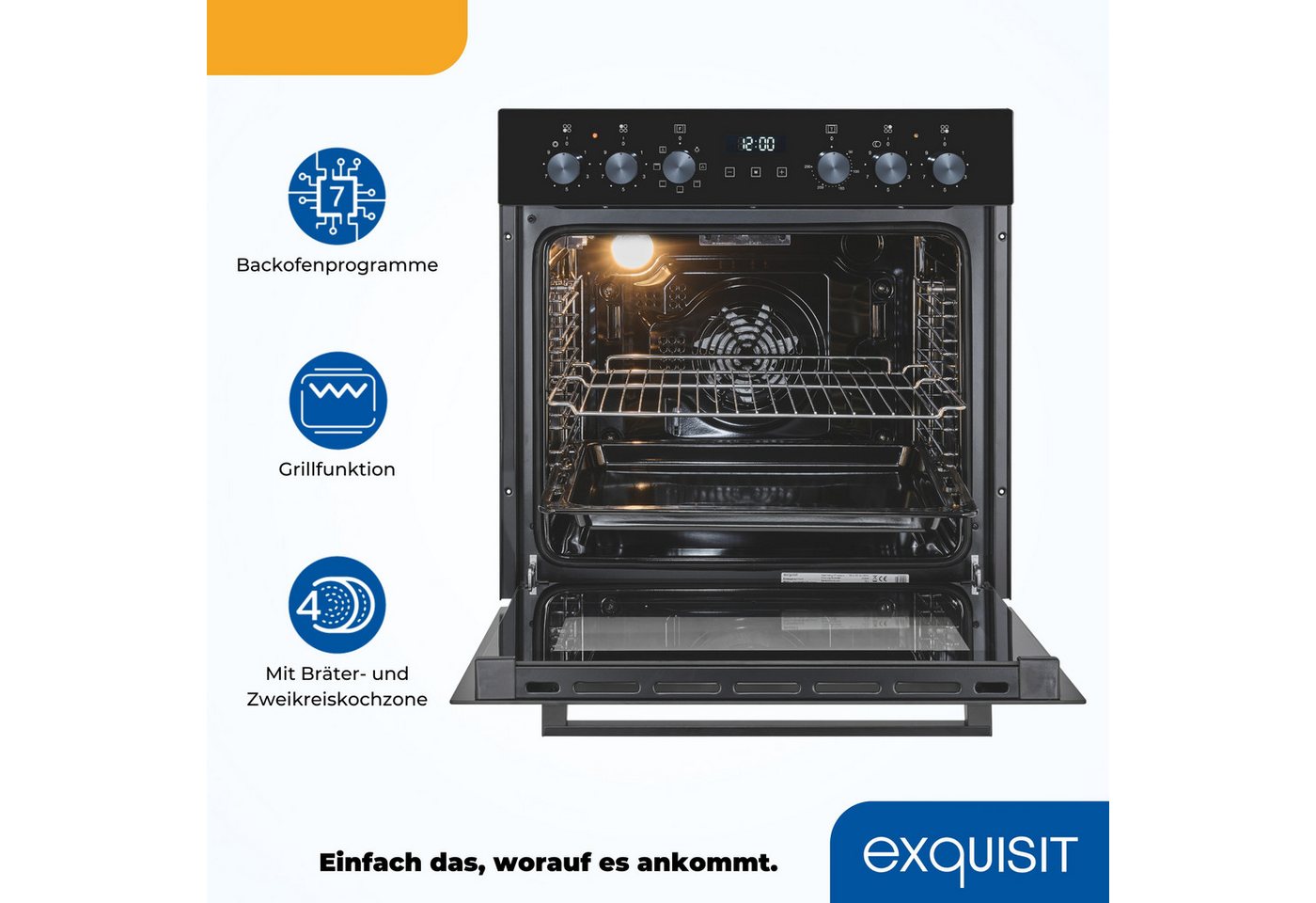 exquisit Backofen-Set EHE258-UBZ-020-Set schwarz, Vielseitiger Grill und 4-Zonen-Glaskeramikkochfeld – einfach & sicher! Bild 5