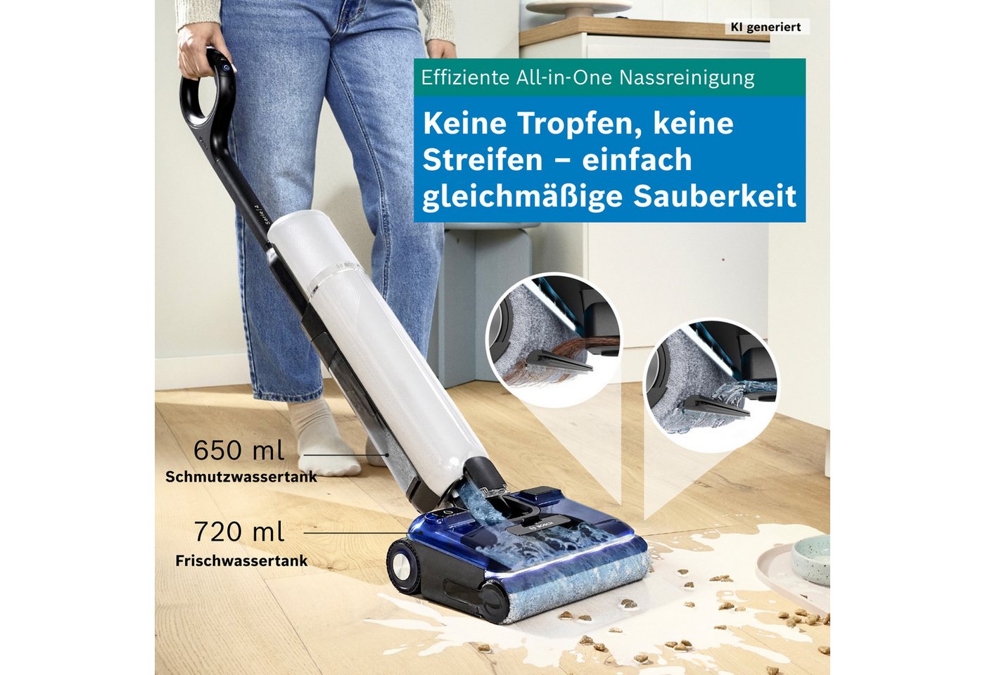 BOSCH Nass-Trocken-Sauger OneFlow Serie 4 BHF41WM/BHF41WS, Selbstreinigung, 24.000 PA Saugkraft, 250 W, beutellos, Anti-Haarverwicklung, LED-Licht, Schnelltrocknung, 40 min Akku / 150m² Bild 3