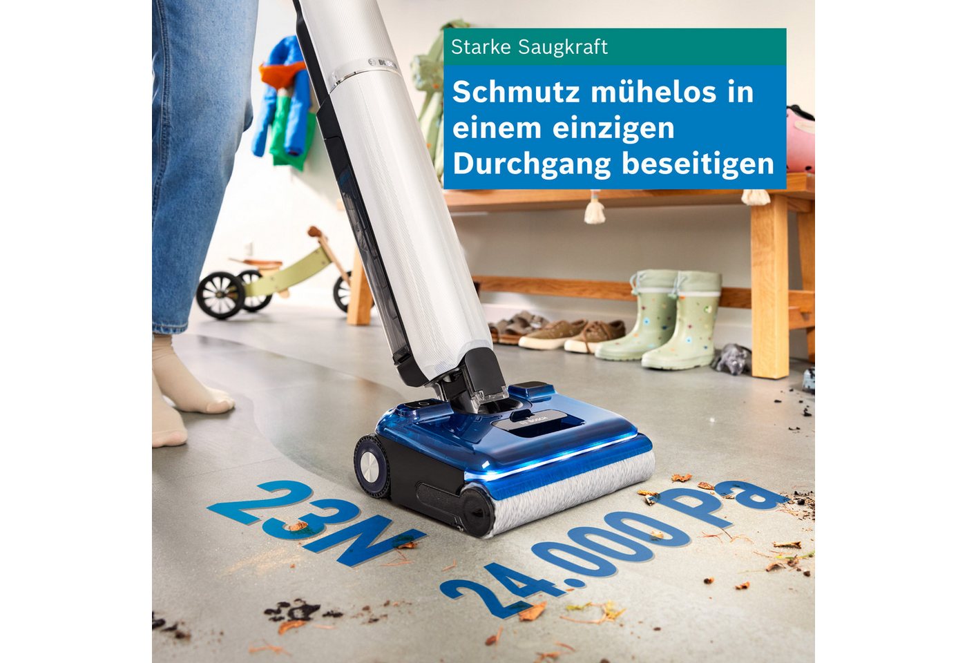BOSCH Nass-Trocken-Sauger OneFlow Serie 4 BHF41WM/BHF41WS, Selbstreinigung, 24.000 PA Saugkraft, 250 W, beutellos, Anti-Haarverwicklung, LED-Licht, Schnelltrocknung, 40 min Akku / 150m² Bild 4