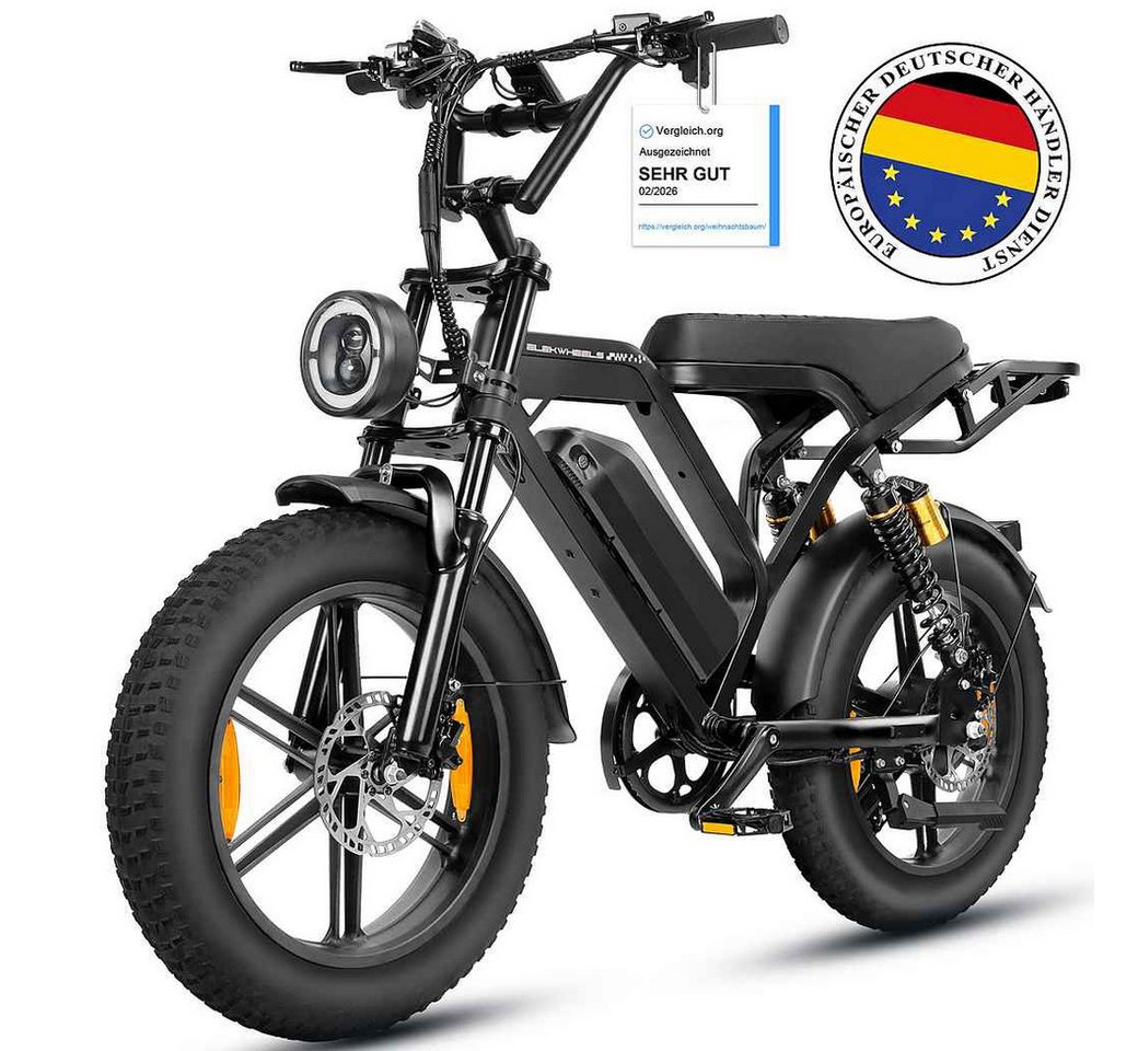Vankel E-Bike Mountainbike E-Fahrrad 20” x 4.0” Damen u. Herren 720/1440Wh Max.108/216KM, Kettenschaltung, Heckmotor, 720 Wh, (Beleuchtungsset mit Batterieladegerät, Batterieschlüssel, Werkzeug), 48V 15Ah All-Terrain Elektrofahrrad mit Shimano 7-Gang
