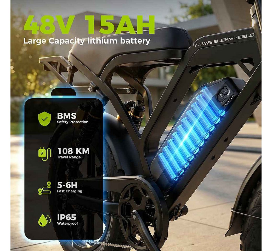 Vankel E-Bike Mountainbike E-Fahrrad 20” x 4.0” Damen u. Herren 720/1440Wh Max.108/216KM, Kettenschaltung, Heckmotor, 720 Wh, (Beleuchtungsset mit Batterieladegerät, Batterieschlüssel, Werkzeug), 48V 15Ah All-Terrain Elektrofahrrad mit Shimano 7-Gang Bild 2