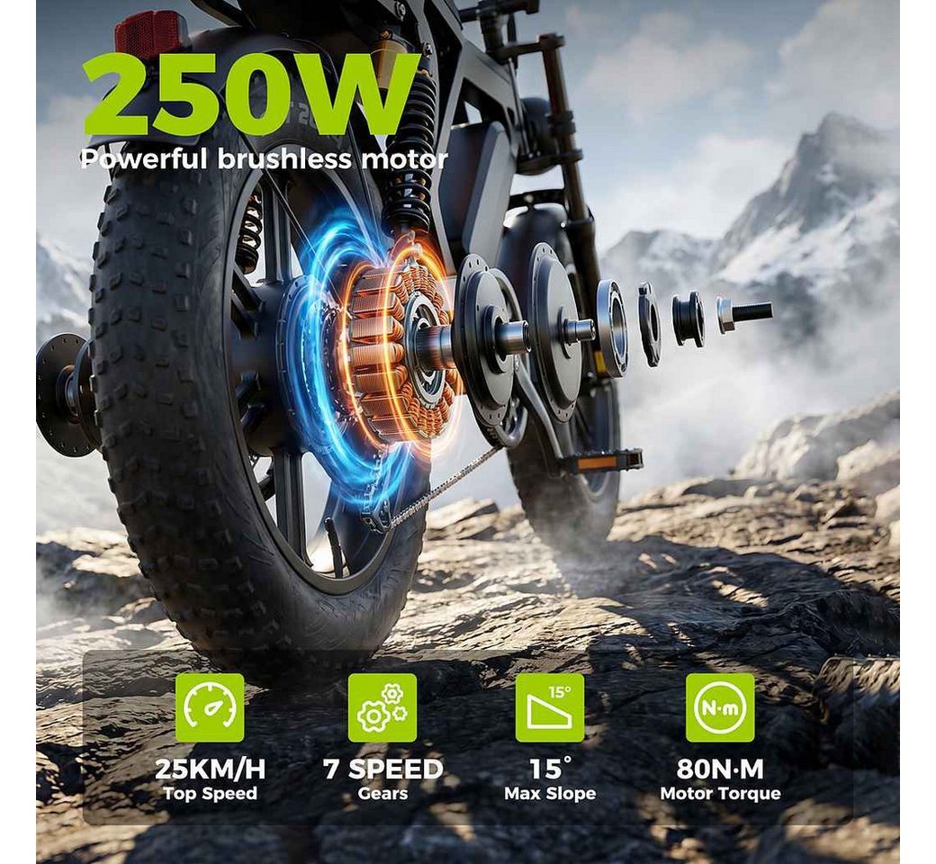 Vankel E-Bike Mountainbike E-Fahrrad 20” x 4.0” Damen u. Herren 720/1440Wh Max.108/216KM, Kettenschaltung, Heckmotor, 720 Wh, (Beleuchtungsset mit Batterieladegerät, Batterieschlüssel, Werkzeug), 48V 15Ah All-Terrain Elektrofahrrad mit Shimano 7-Gang Bild 4