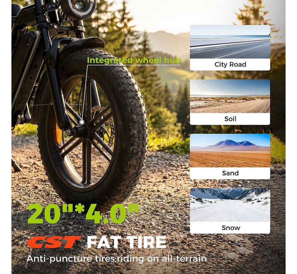 Vankel E-Bike Mountainbike E-Fahrrad 20” x 4.0” Damen u. Herren 720/1440Wh Max.108/216KM, Kettenschaltung, Heckmotor, 720 Wh, (Beleuchtungsset mit Batterieladegerät, Batterieschlüssel, Werkzeug), 48V 15Ah All-Terrain Elektrofahrrad mit Shimano 7-Gang Bild 5