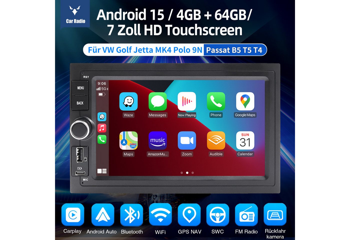 ESSGOO DAB+ Android 16 6+128GB Für VW Polo 9N Golf 4 Passat B5 T5 CarPlay GPS Autoradio (RDS, 4G LTE, Digitalradio (DAB), 6+128GB, FM, USB- und Type-C, SWC) Bild 2