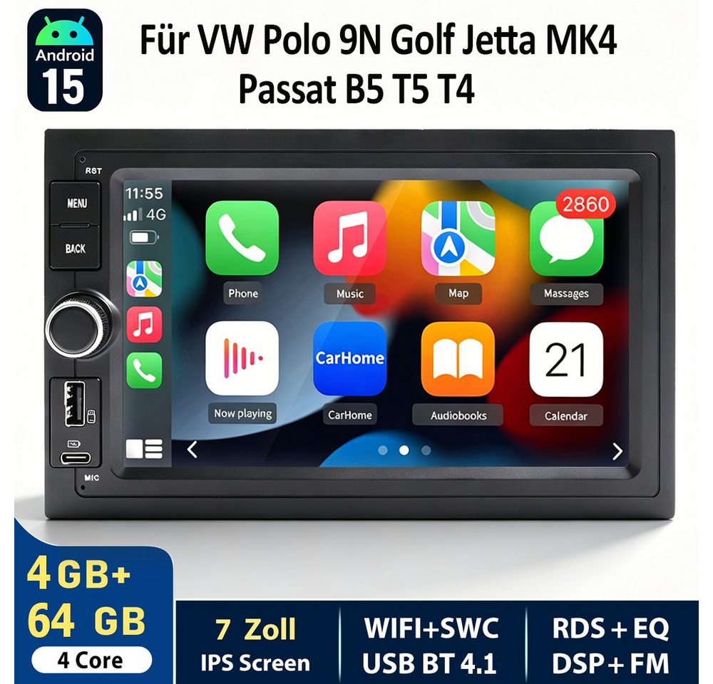 ESSGOO DAB+ Android 16 6+128GB Für VW Polo 9N Golf 4 Passat B5 T5 CarPlay GPS Autoradio (RDS, 4G LTE, Digitalradio (DAB), 6+128GB, FM, USB- und Type-C, SWC) Bild 4
