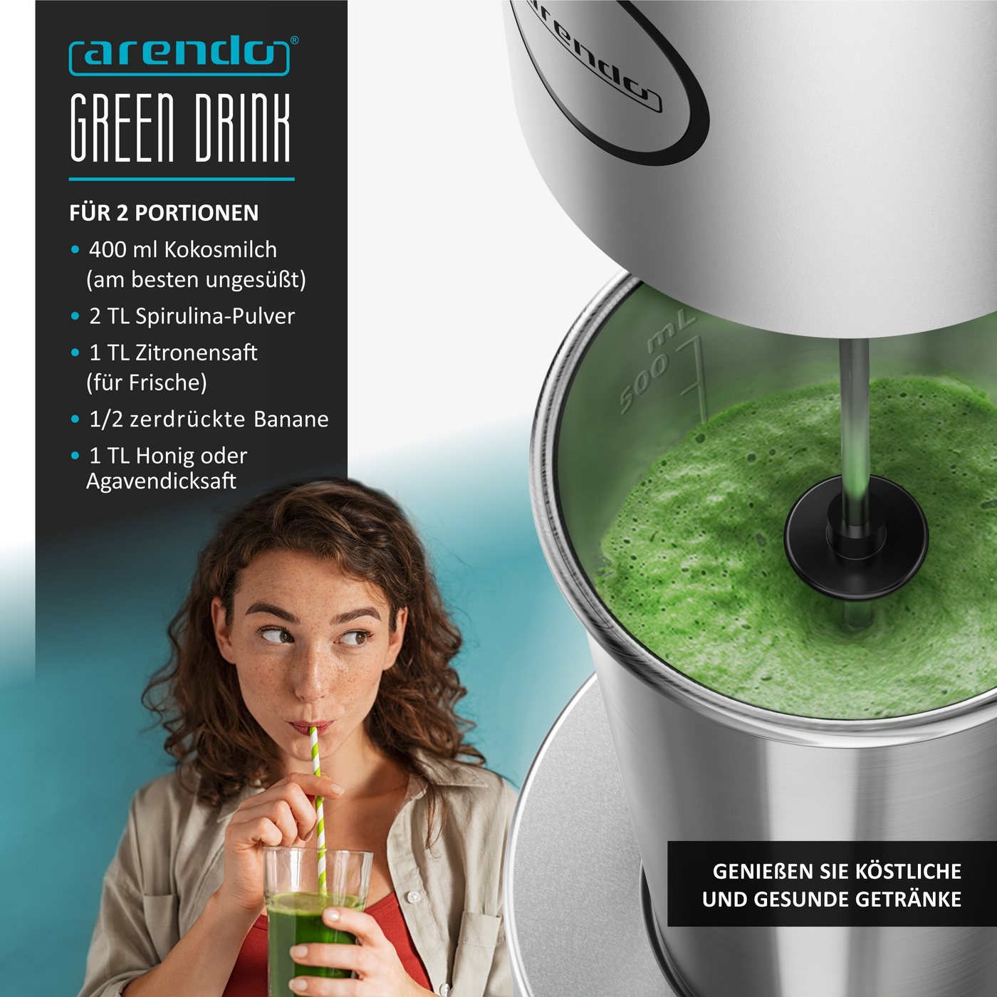Arendo Standmixer Drink Mixer, 22.000 U/min, elektrischer Getränkemixer, 500 ml Becher, 100 W, Shaker für Protein Smoothies Eischnee Milchshakes Cocktails GS-Geprüft