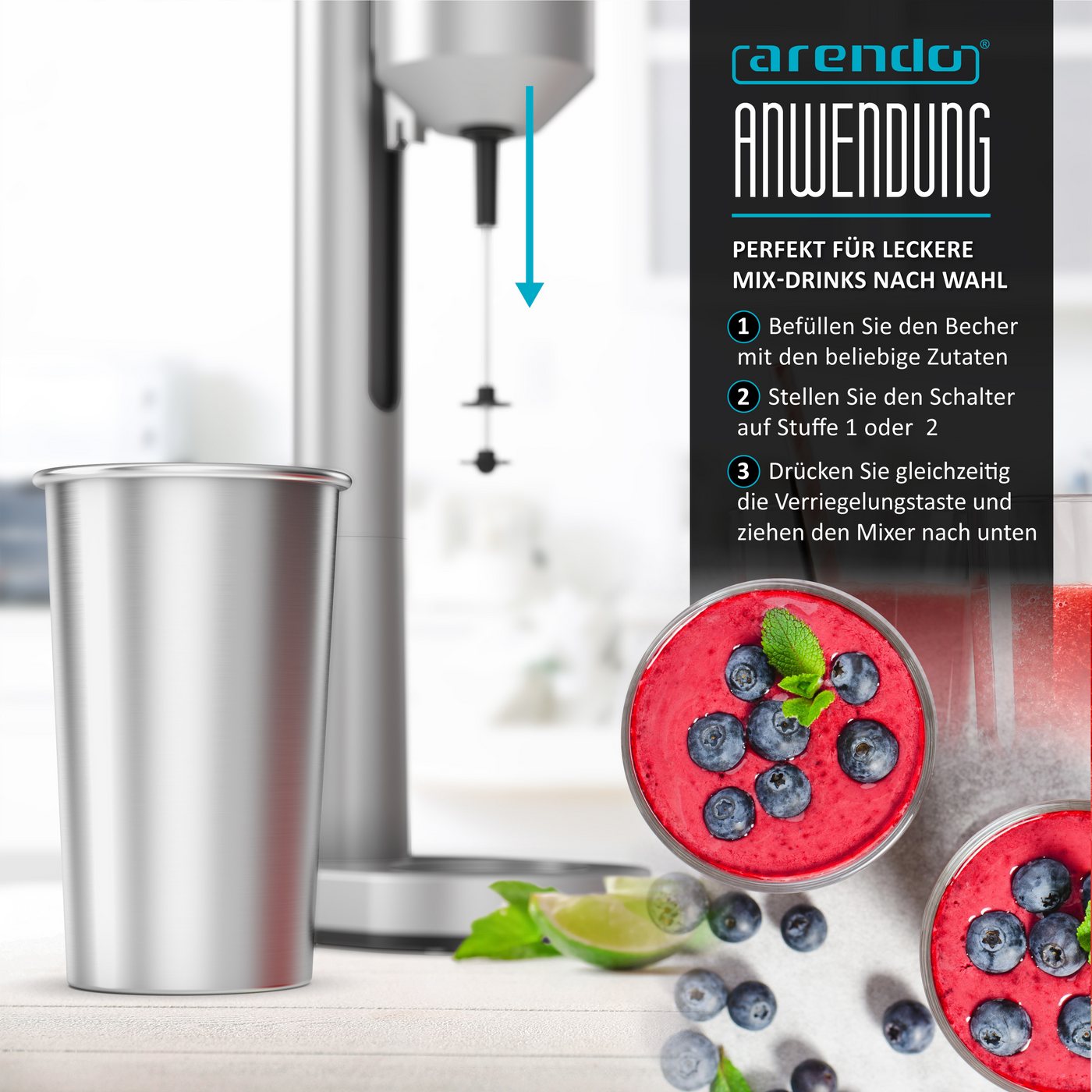 Arendo Standmixer Drink Mixer, 22.000 U/min, elektrischer Getränkemixer, 500 ml Becher, 100 W, Shaker für Protein Smoothies Eischnee Milchshakes Cocktails GS-Geprüft Bild 2