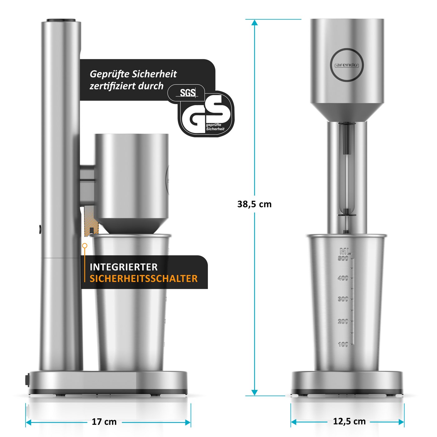Arendo Standmixer Drink Mixer, 22.000 U/min, elektrischer Getränkemixer, 500 ml Becher, 100 W, Shaker für Protein Smoothies Eischnee Milchshakes Cocktails GS-Geprüft Bild 4