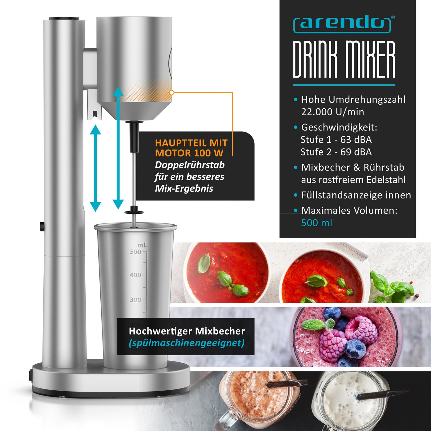 Arendo Standmixer Drink Mixer, 22.000 U/min, elektrischer Getränkemixer, 500 ml Becher, 100 W, Shaker für Protein Smoothies Eischnee Milchshakes Cocktails GS-Geprüft Bild 5