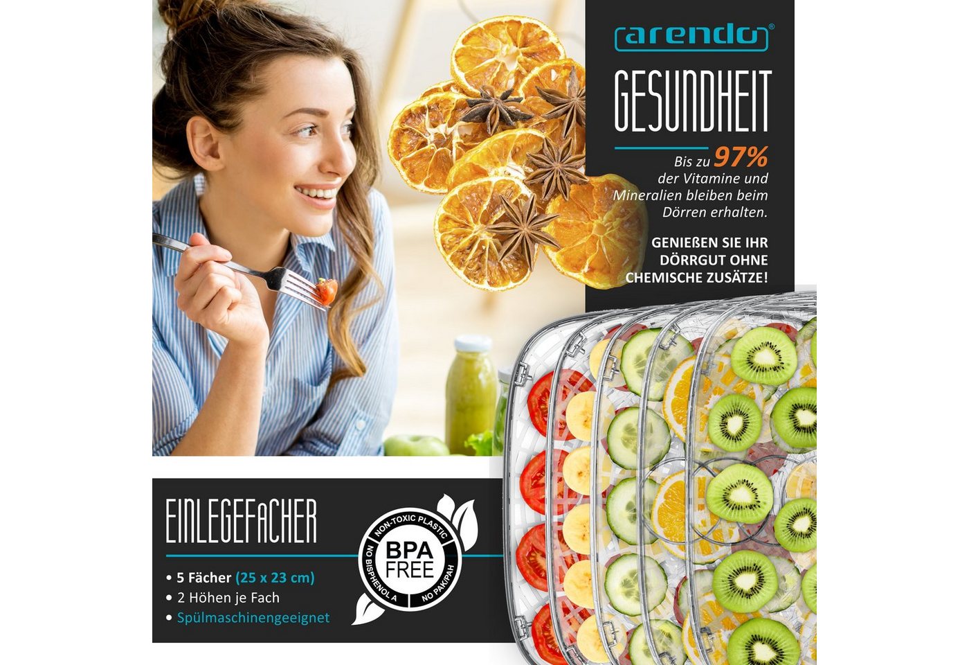 Arendo Dörrautomat mit Temperaturregler, Dörrgerät, 5 Etagen, 35-70°C, kompakt 240 W, Timer 1-72h, je Fach 2 Höhen, BPA-frei, Dehydrator, 5 Einlegefächer Bild 4