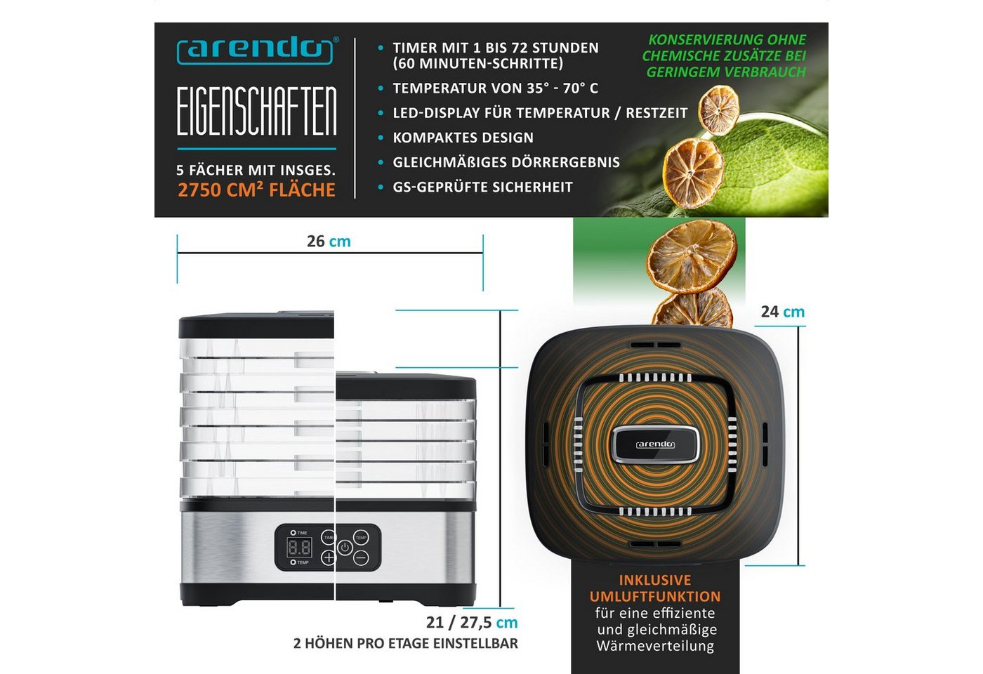 Arendo Dörrautomat mit Temperaturregler, Dörrgerät, 5 Etagen, 35-70°C, kompakt 240 W, Timer 1-72h, je Fach 2 Höhen, BPA-frei, Dehydrator, 5 Einlegefächer Bild 5