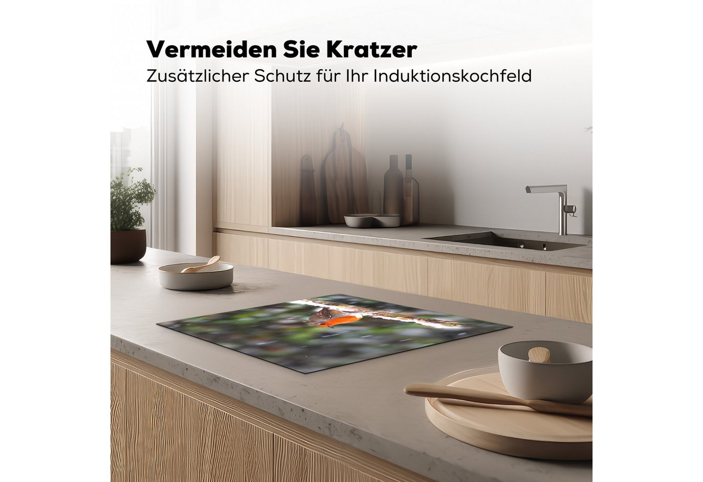 MuchoWow Herd-Abdeckplatte Rotkehlchen - Schnee - Zweig, Vinyl, (1 tlg), Ceranfeldabdeckung Küche, Herdabdeckplatte Einteilig, 59x51 cm Bild 2