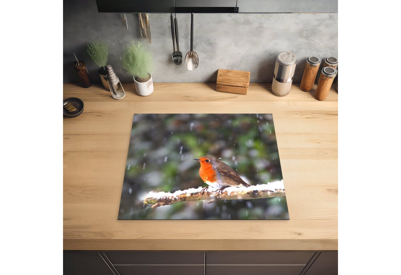 MuchoWow Herd-Abdeckplatte Rotkehlchen - Schnee - Zweig, Vinyl, (1 tlg), Ceranfeldabdeckung Küche, Herdabdeckplatte Einteilig, 59x51 cm Bild 3