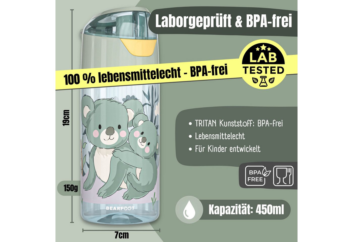 BEARFOOT Trinkflasche Trinkflasche Kinder, leichte Wasserflasche - Koala sage Bild 3
