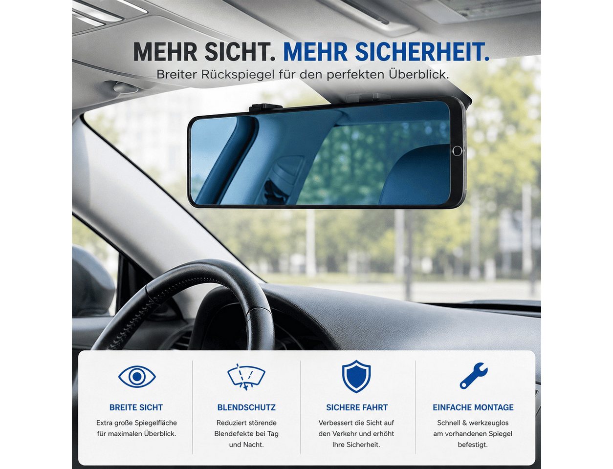 MidGard Autospiegel Panorama Rückspiegel blendfrei, Blendschutz KFZ-Innenspiegel, Spiegel (1-St), Weitwinkel Spiegel mit Blendschutzfunktion