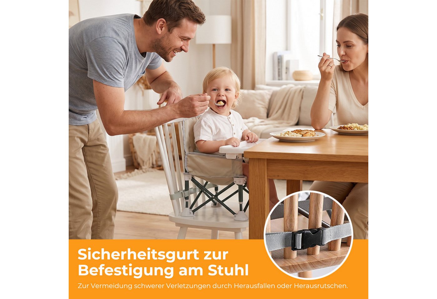 AKKEE Tischsitz Kinderstuhl Baby Tragbar Stuhl Booster Sitz mit Tablett Klappbar, Mit Verriegelungssicherheit