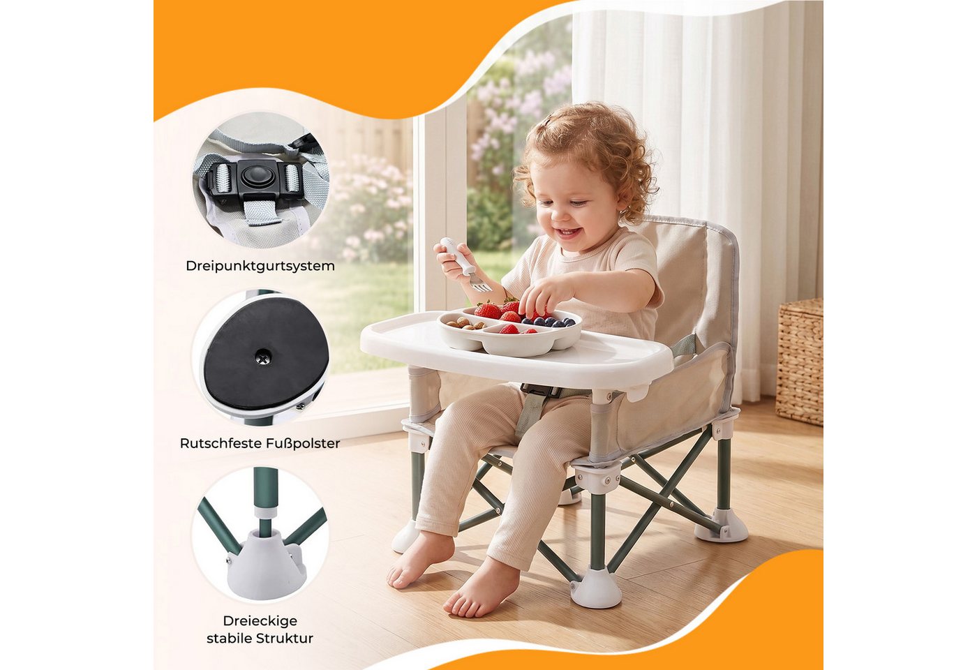 AKKEE Tischsitz Kinderstuhl Baby Tragbar Stuhl Booster Sitz mit Tablett Klappbar, Mit Verriegelungssicherheit Bild 4