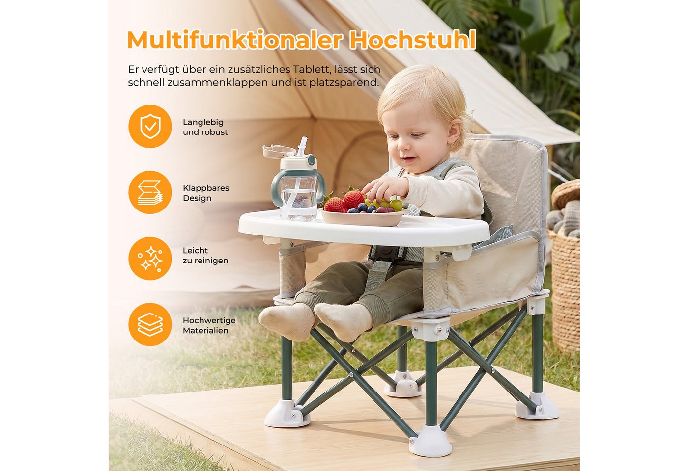 AKKEE Tischsitz Kinderstuhl Baby Tragbar Stuhl Booster Sitz mit Tablett Klappbar, Mit Verriegelungssicherheit Bild 5