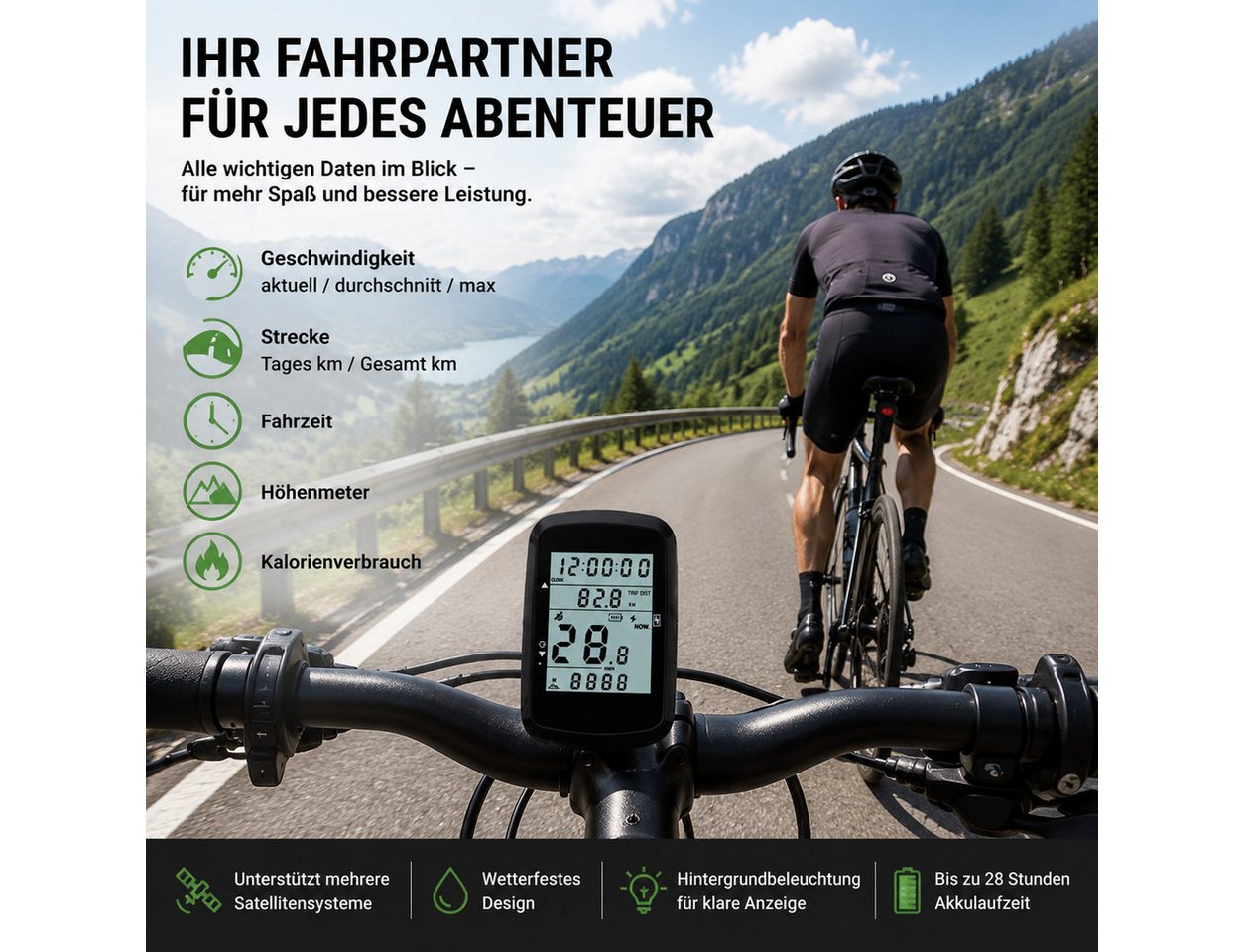 Fyrove Fahrradcomputer kabellos mit 2,4 Zoll LCD Display, USB-C Ladefunktion (Fahrradtacho mit Hintergrundbeleuchtung, 1200mAh), Geschwindigkeitsmesser Kilometerzähler für MTB Rennrad Citybike Bild 2
