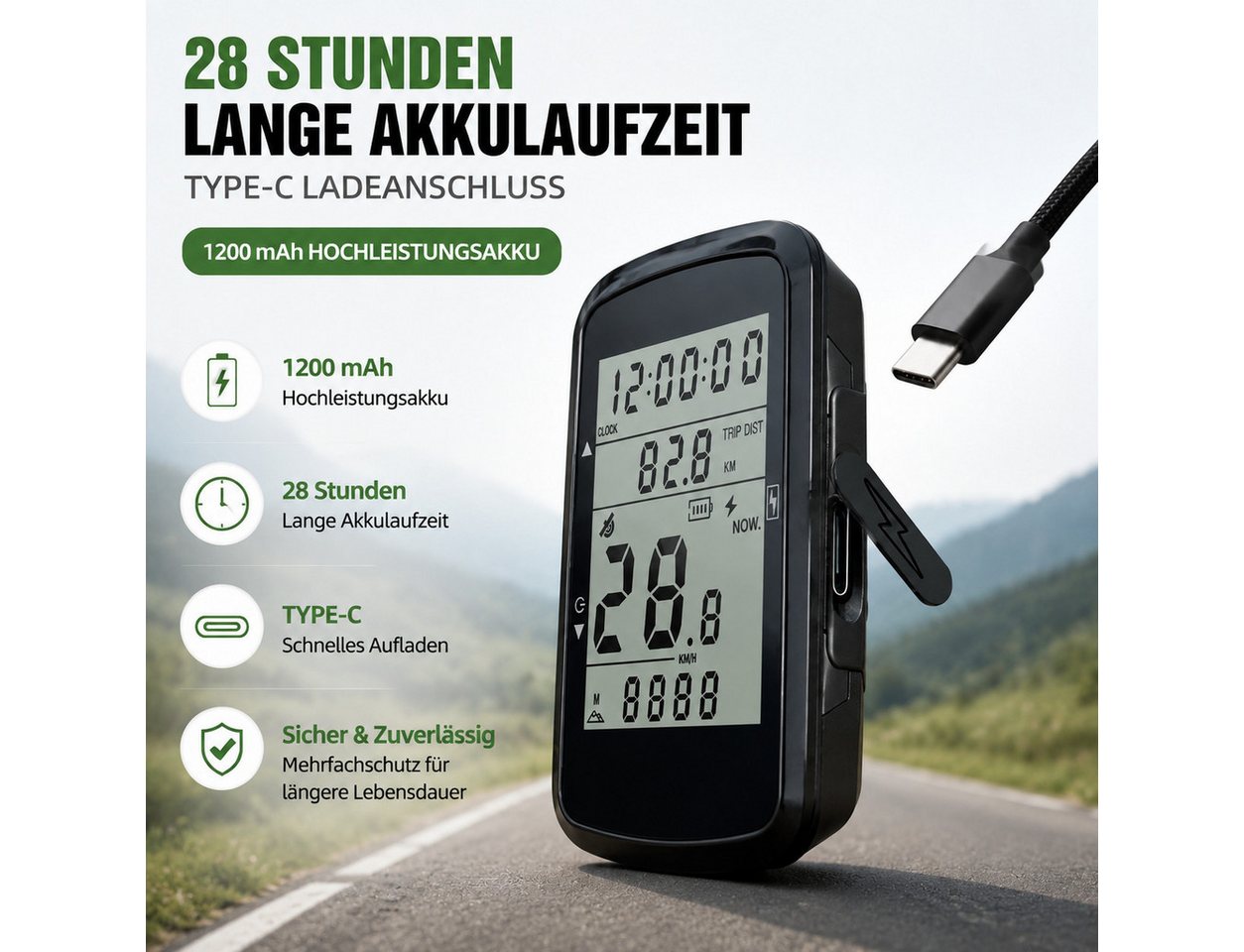 Fyrove Fahrradcomputer kabellos mit 2,4 Zoll LCD Display, USB-C Ladefunktion (Fahrradtacho mit Hintergrundbeleuchtung, 1200mAh), Geschwindigkeitsmesser Kilometerzähler für MTB Rennrad Citybike Bild 5