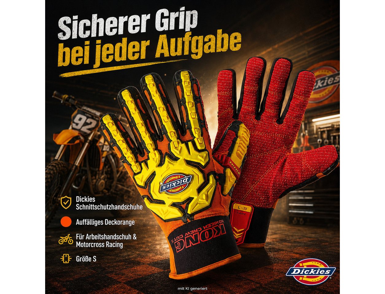 Dickies Schnittschutzhandschuhe Schutzhandschuh Deckorange Arbeitshandschuh Motorcross Racing, S Sicherheitshandschuh Handschutz Montage Handschuhe Bild 3