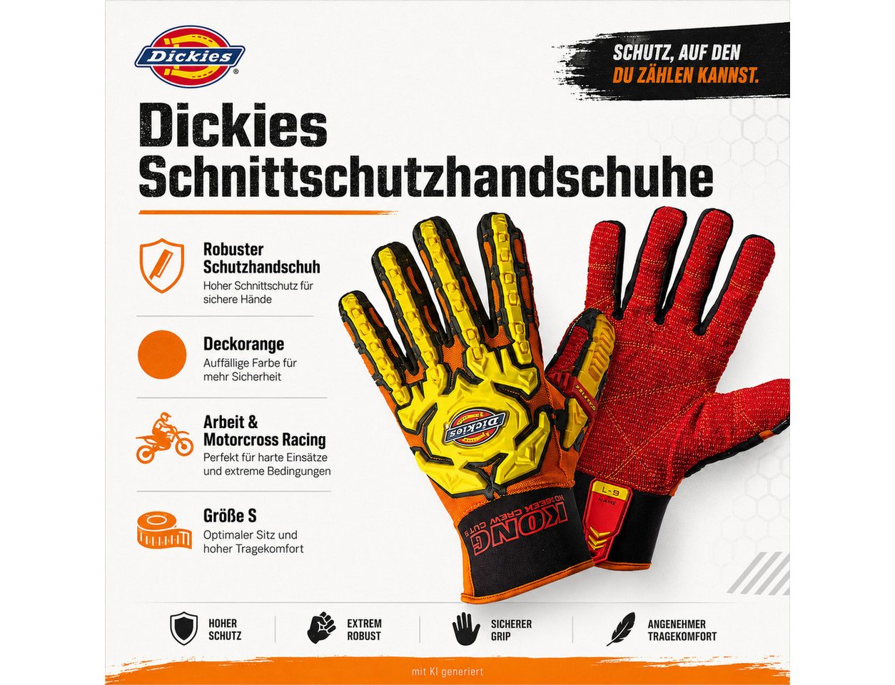 Dickies Schnittschutzhandschuhe Schutzhandschuh Deckorange Arbeitshandschuh Motorcross Racing, S Sicherheitshandschuh Handschutz Montage Handschuhe Bild 5