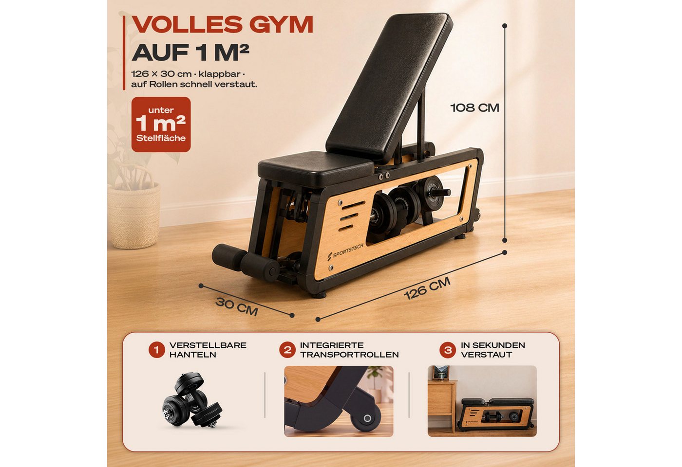 Sportstech Hantelbank Woodmate_Lite, Massivholz Eiche, 220 kg belastbar, 6-fach verstellbar, Hantelständer
