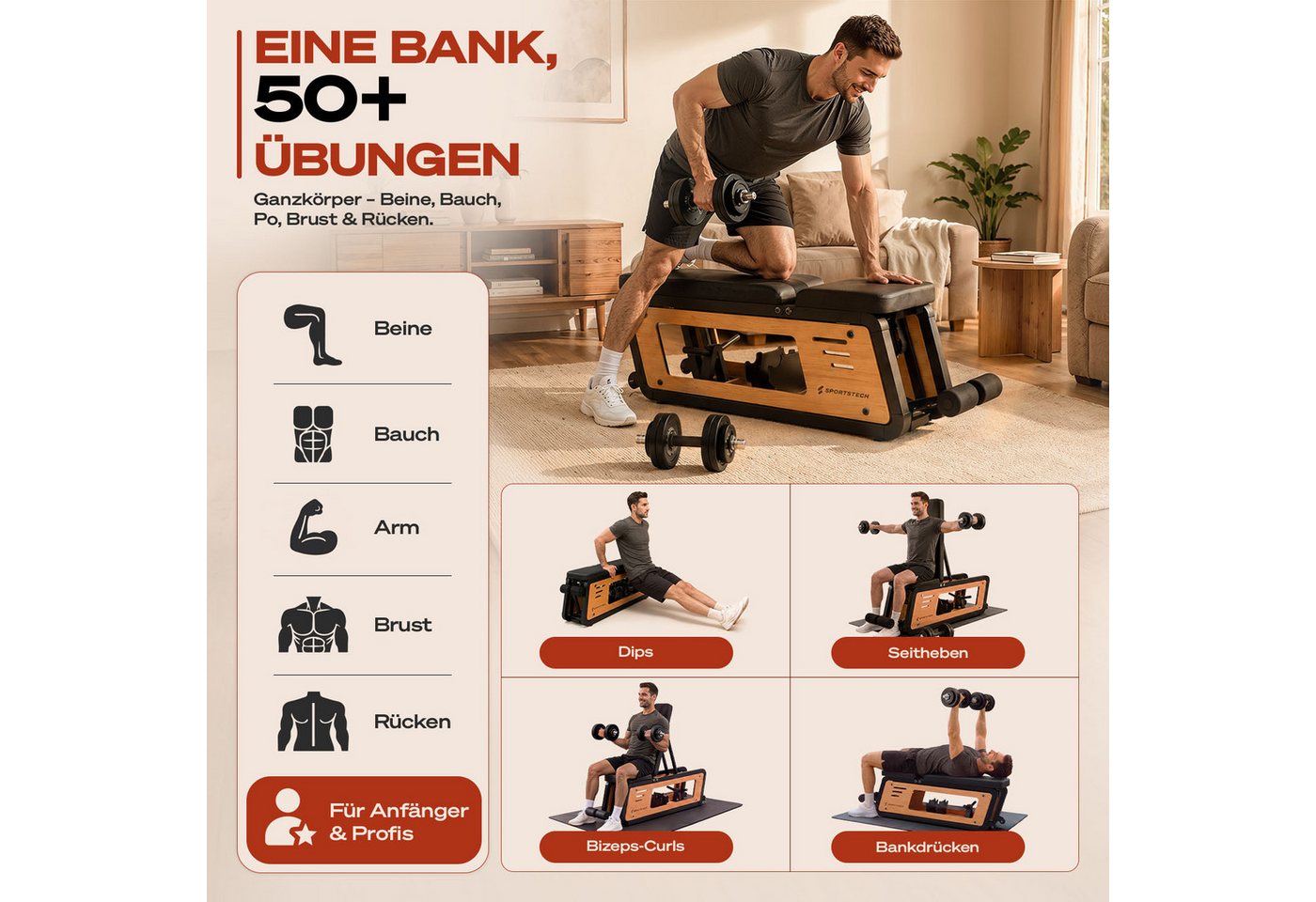Sportstech Hantelbank Woodmate_Lite, Massivholz Eiche, 220 kg belastbar, 6-fach verstellbar, Hantelständer Bild 3