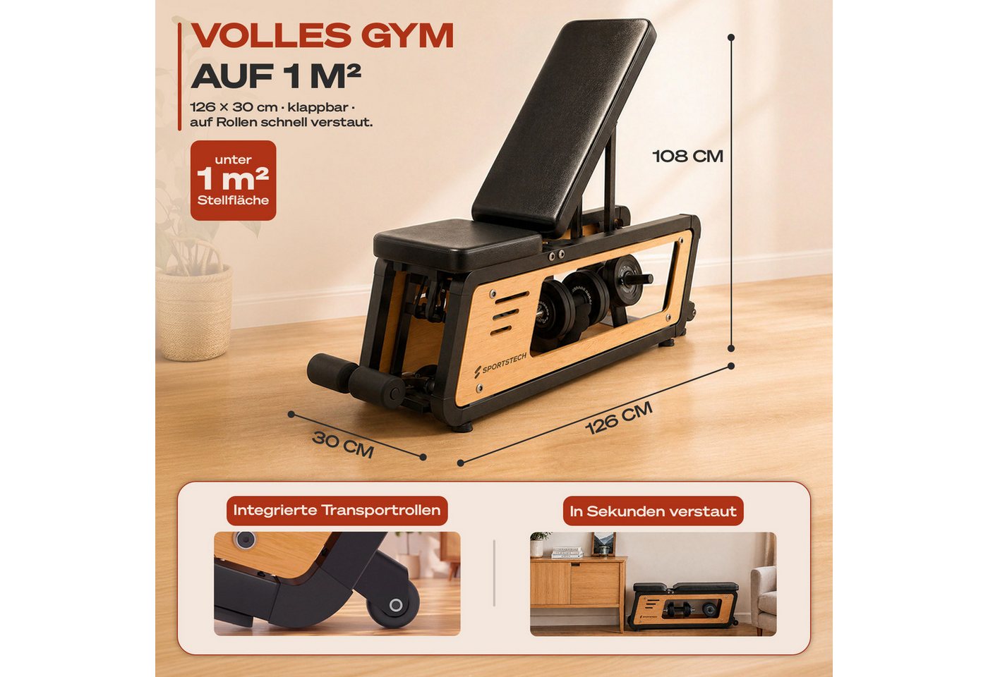 Sportstech Hantelbank Woodmate_Lite, Massivholz Eiche, 220 kg belastbar, 6-fach verstellbar, Hantelständer Bild 4