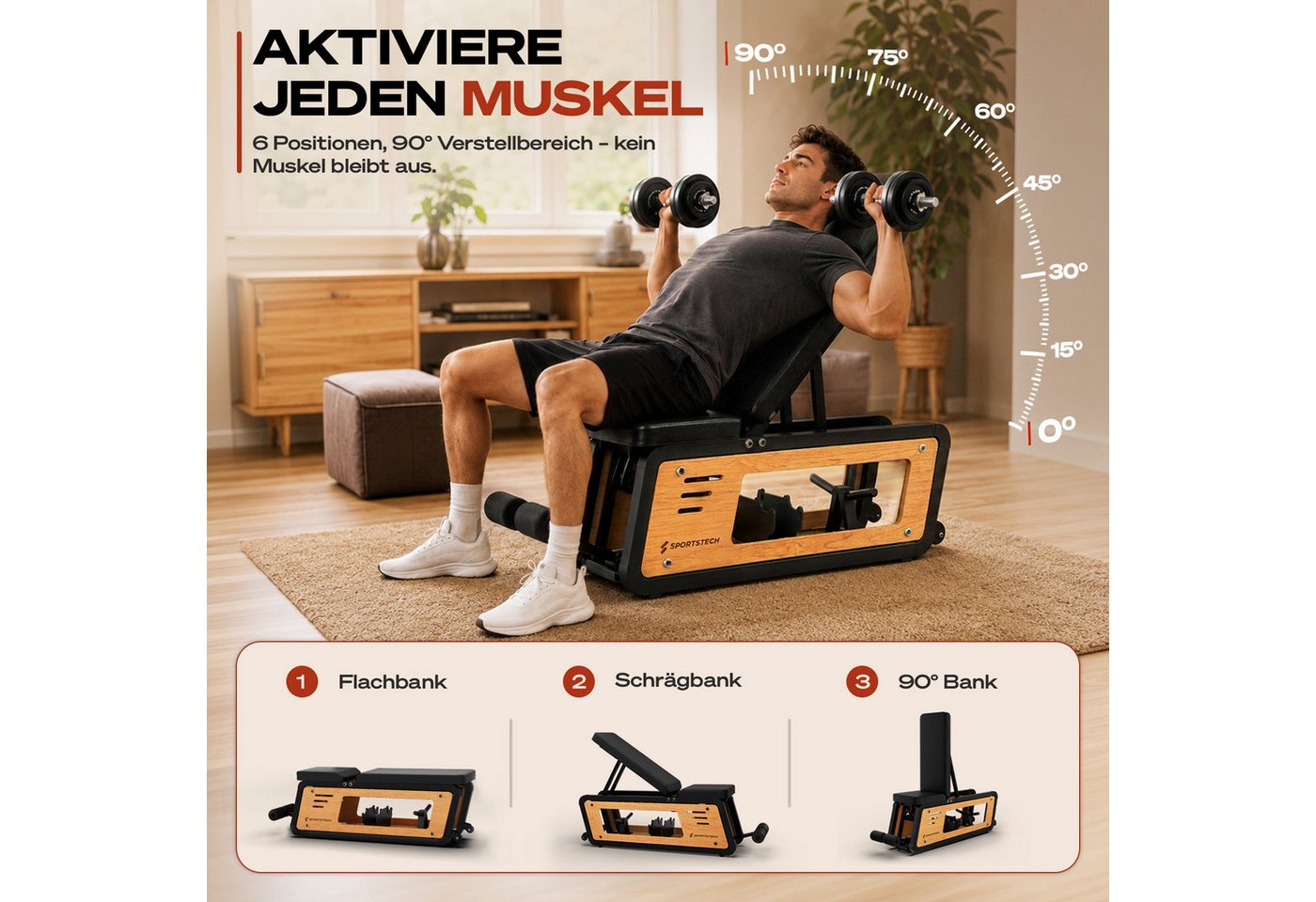 Sportstech Hantelbank Woodmate_Lite, Massivholz Eiche, 220 kg belastbar, 6-fach verstellbar, Hantelständer Bild 5